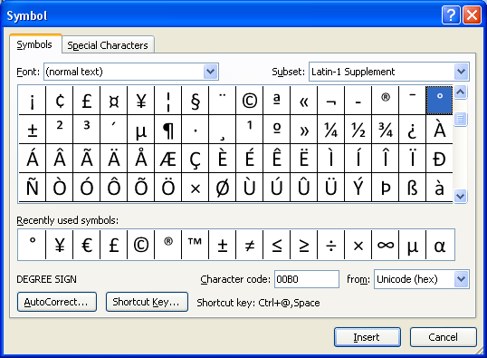 list of microsoft word symbols