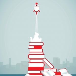 speedreading for meetings: rocket taking off from pile of books