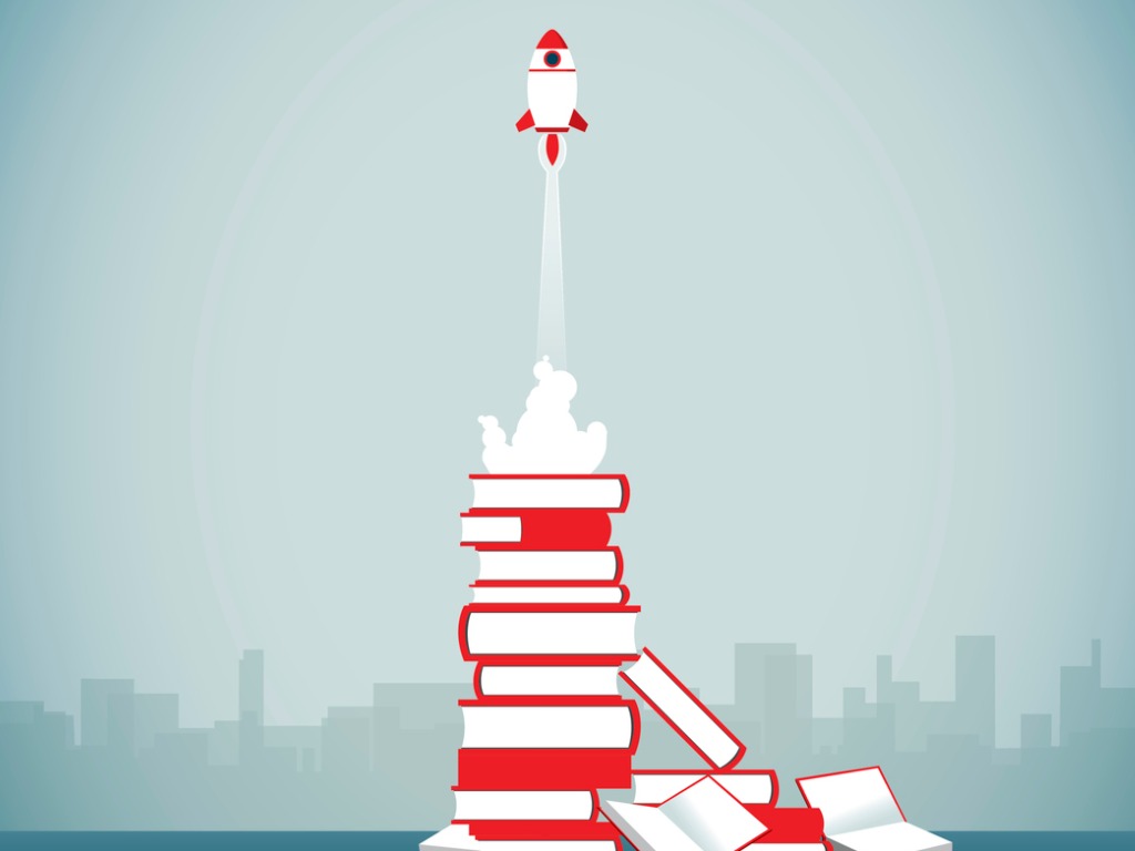 speedreading for meetings: rocket taking off from pile of books