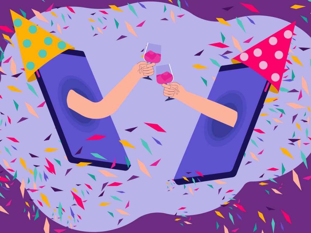 virtual team events: mobile phones with party hats toasting each other