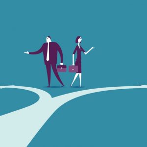 Job or Career - business man and woman at a fork in the road