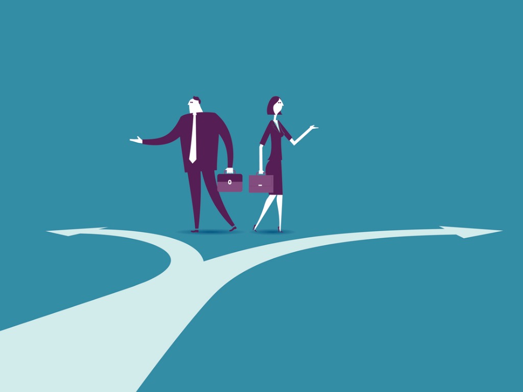 Job or Career - business man and woman at a fork in the road