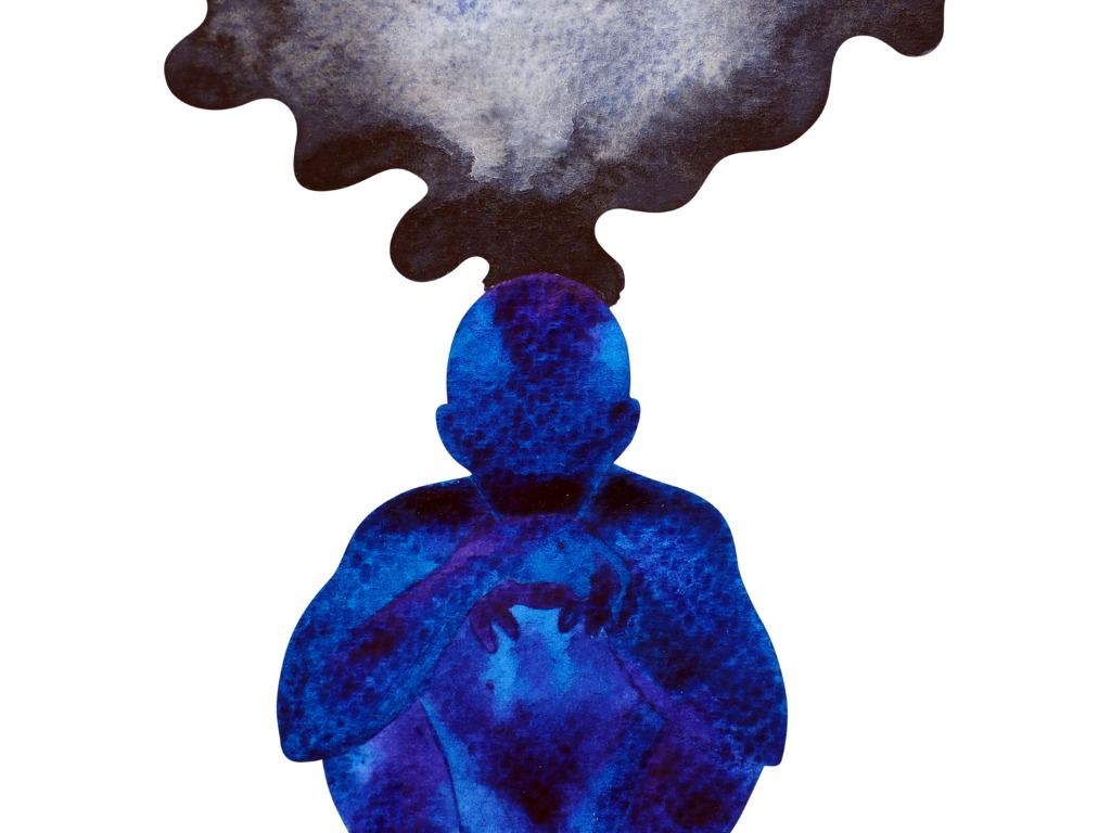 overthink: person with black cloud coming out of the top of their head