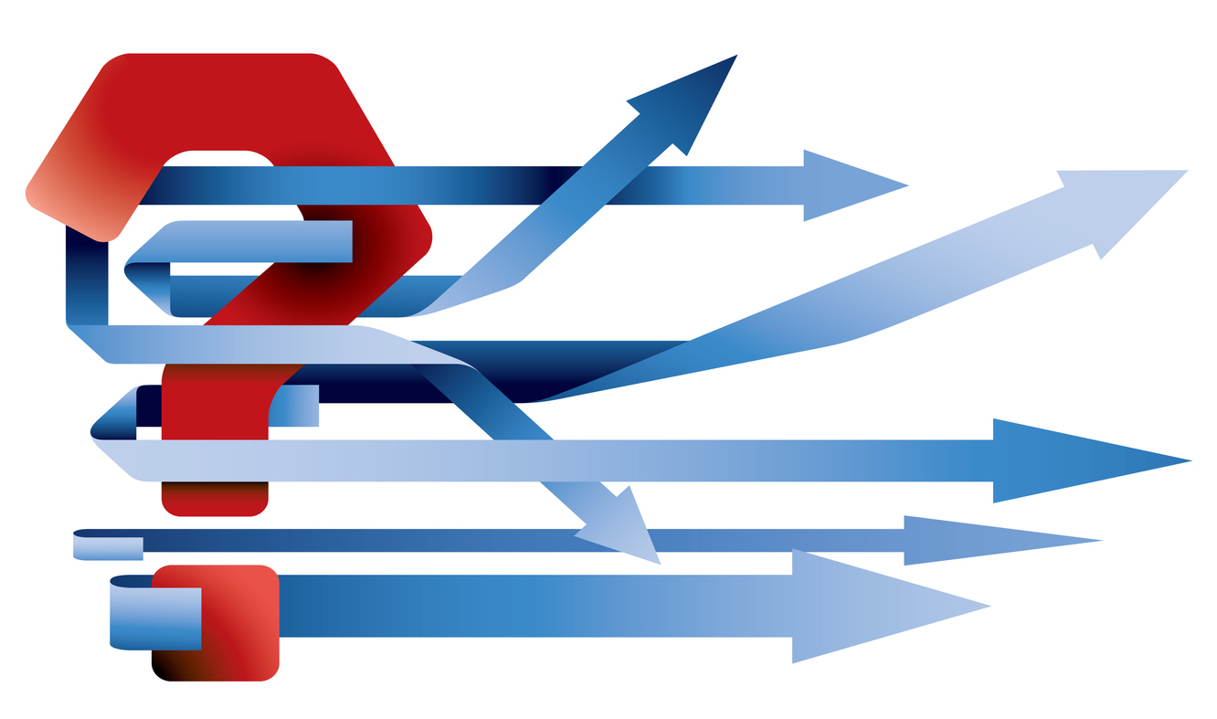 Arrows with copy space wrapping around a question mark and pointing in different directions