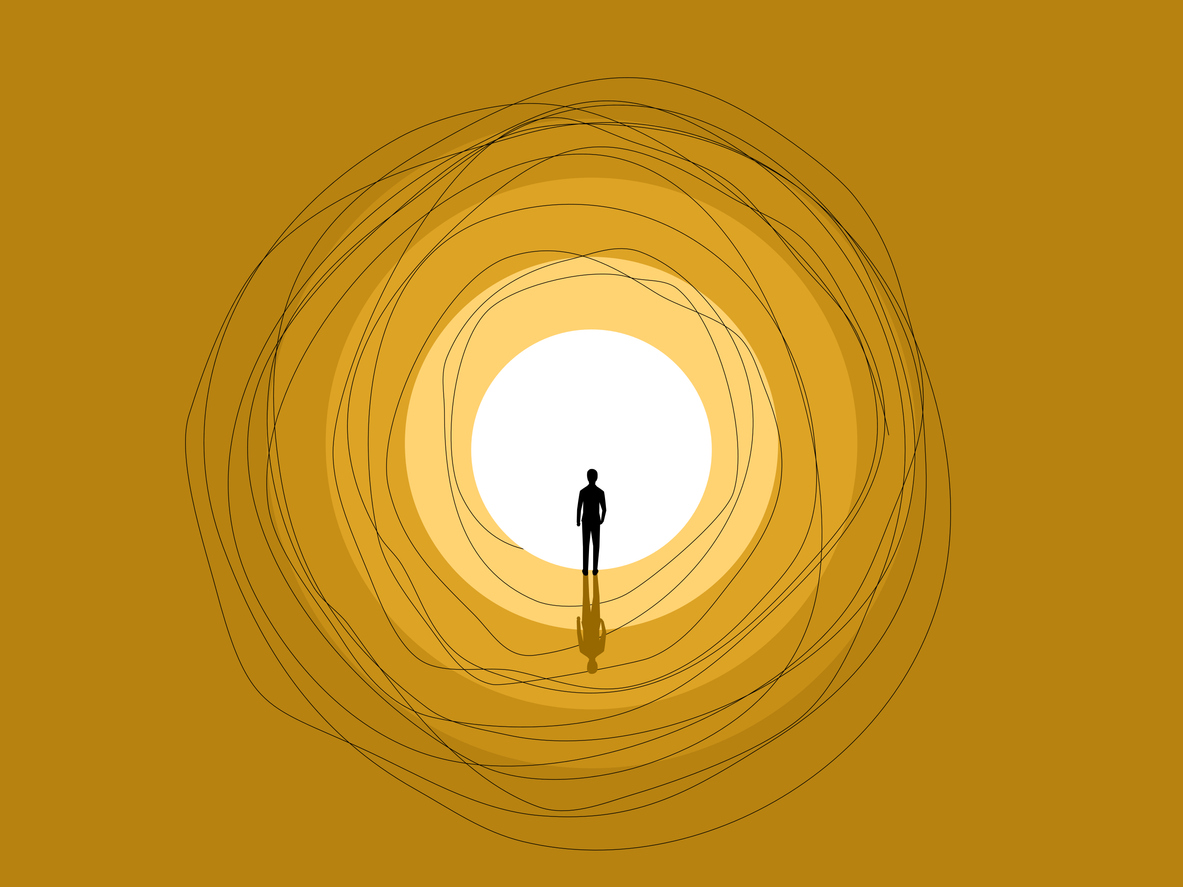 Imagination, release, businessman finds the light at the end of the tunnel