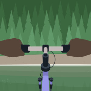 POV of Pedaling through lush greenery, hands gripping the handlebars, a peaceful forest unfolds ahead, inviting an exhilarating adventure surrounded by nature's beauty