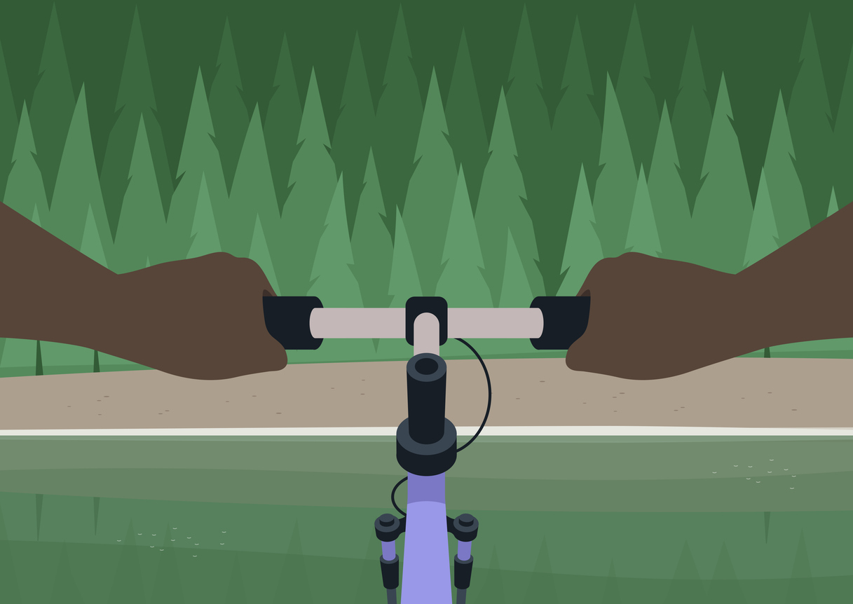 POV of Pedaling through lush greenery, hands gripping the handlebars, a peaceful forest unfolds ahead, inviting an exhilarating adventure surrounded by nature's beauty