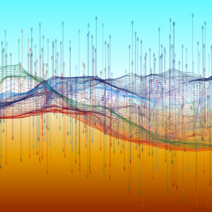 Dynamic abstract visual representation of data. A colorful wireframe landscape is overlaid with vertical markers, set against a vibrant gradient background, symbolizing technology, analytics, and modern design.