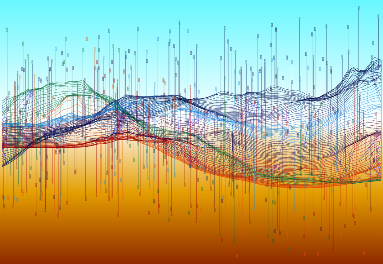 Dynamic abstract visual representation of data. A colorful wireframe landscape is overlaid with vertical markers, set against a vibrant gradient background, symbolizing technology, analytics, and modern design.